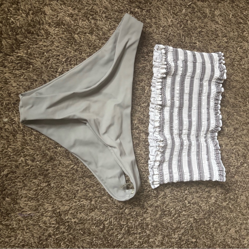 Gray Bikini Bottom and Black White Striped Top
